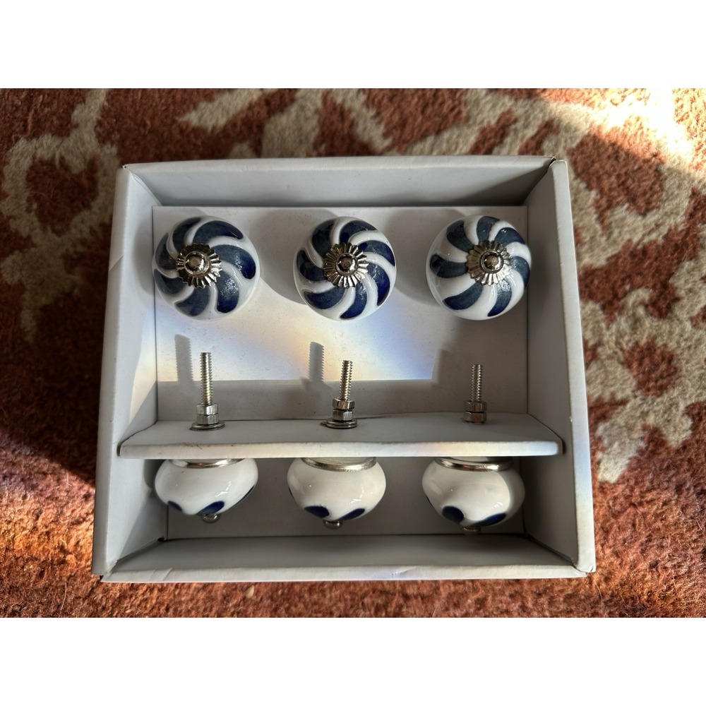 NIB Blue Cream White Ceramic Drawer Pulls Knobs Made In India Boho Hippie‎